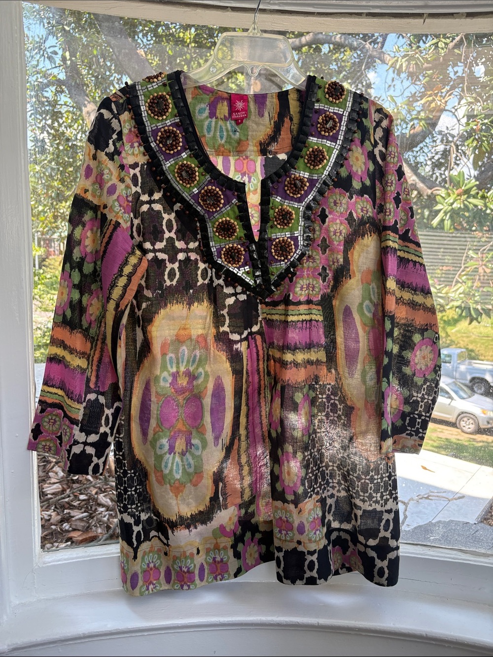 Beaded V-Neck Floral Print Tunic - Pink Multi